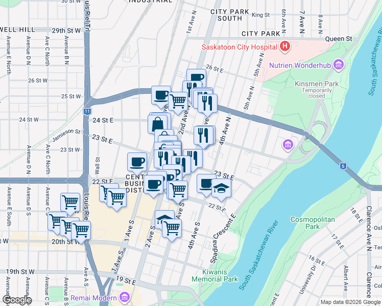 map of restaurants, bars, coffee shops, grocery stores, and more near 217 3rd Avenue North in Saskatoon