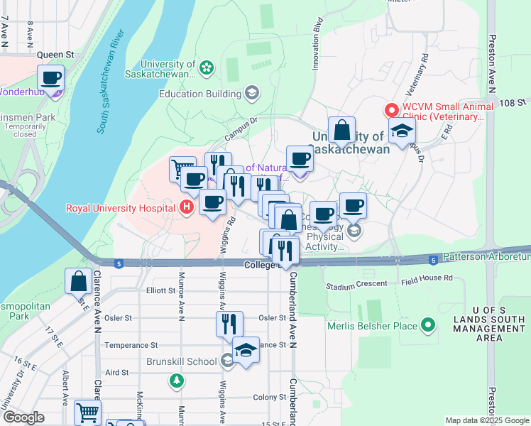 map of restaurants, bars, coffee shops, grocery stores, and more near 1 Campus Drive in Saskatoon