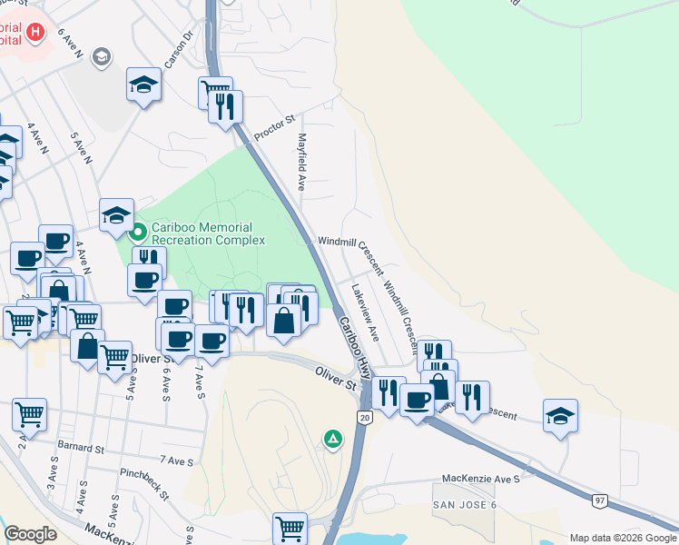 map of restaurants, bars, coffee shops, grocery stores, and more near 68 Broadway Avenue North in Williams Lake