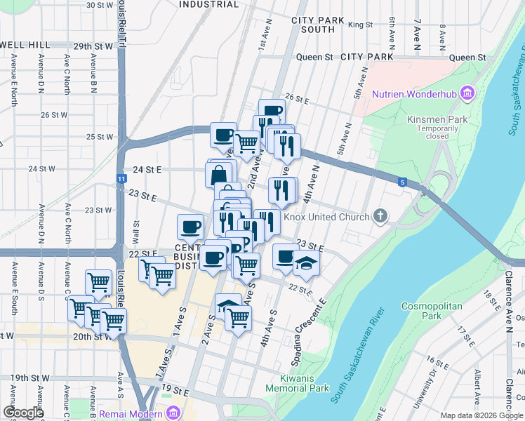 map of restaurants, bars, coffee shops, grocery stores, and more near 217 3rd Avenue North in Saskatoon