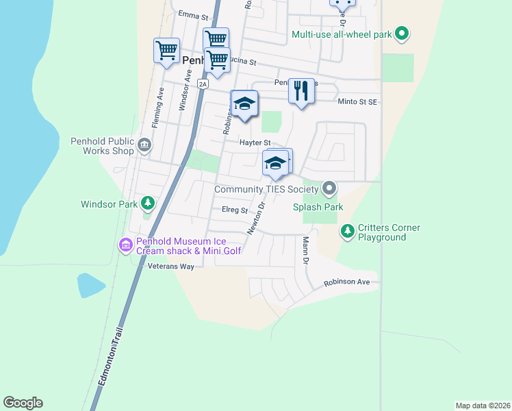 map of restaurants, bars, coffee shops, grocery stores, and more near 122 Newton Drive in Penhold