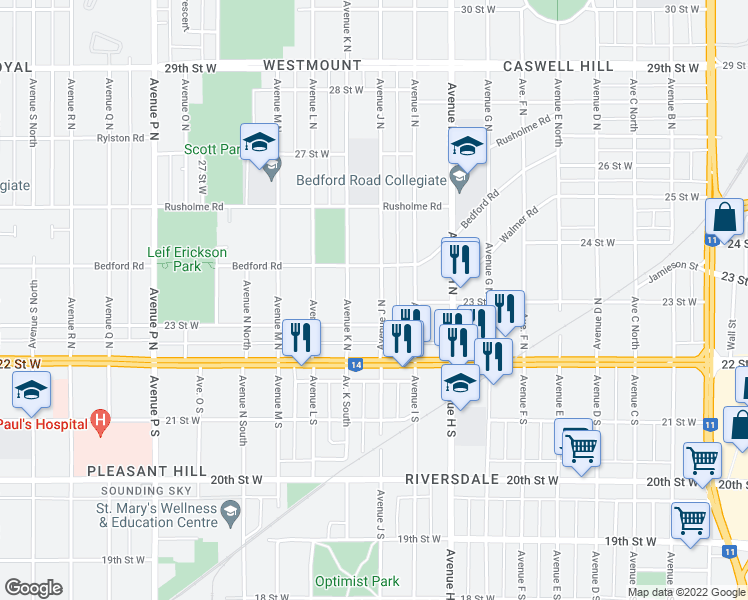 map of restaurants, bars, coffee shops, grocery stores, and more near 217 Avenue J North in Saskatoon