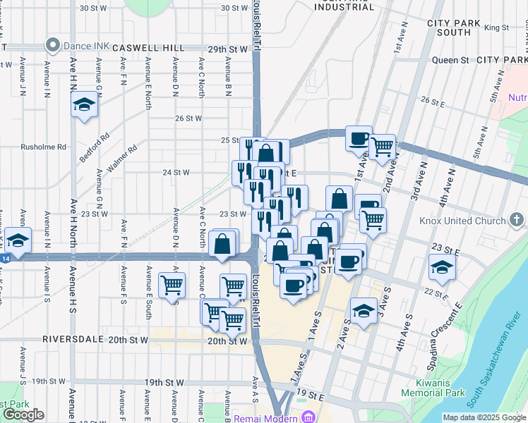 map of restaurants, bars, coffee shops, grocery stores, and more near 150 Idylwyld Drive North in Saskatoon