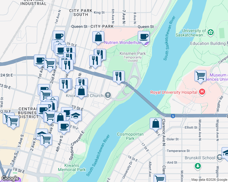 map of restaurants, bars, coffee shops, grocery stores, and more near 916 Spadina Crescent East in Saskatoon