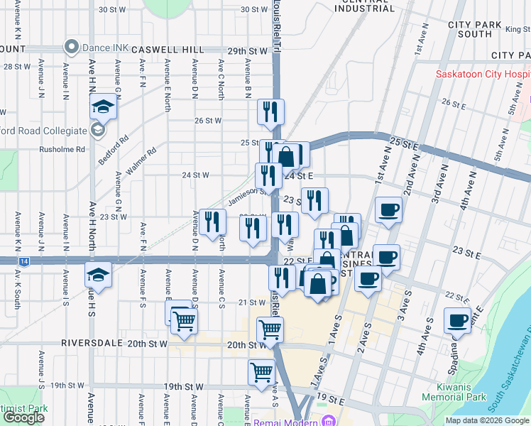 map of restaurants, bars, coffee shops, grocery stores, and more near 211 Idylwyld Drive North in Saskatoon