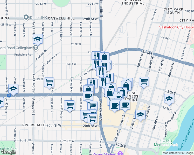 map of restaurants, bars, coffee shops, grocery stores, and more near 211 Idylwyld Drive North in Saskatoon