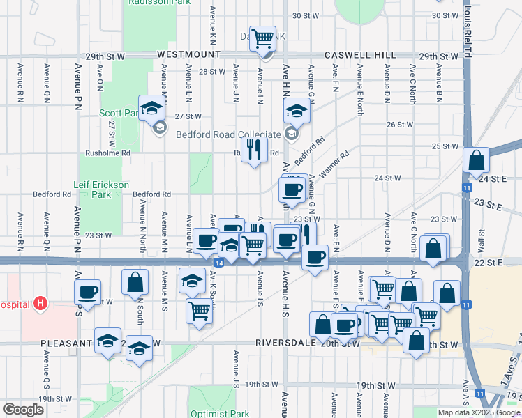 map of restaurants, bars, coffee shops, grocery stores, and more near 226 Avenue I North in Saskatoon