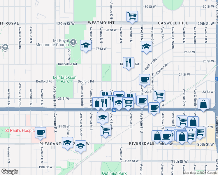 map of restaurants, bars, coffee shops, grocery stores, and more near 227 Avenue K North in Saskatoon