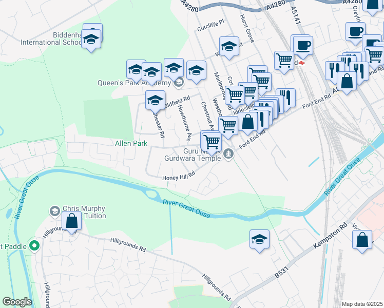 map of restaurants, bars, coffee shops, grocery stores, and more near Saint Paul's Road in Bedford