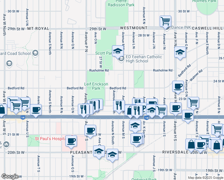 map of restaurants, bars, coffee shops, grocery stores, and more near 239 Avenue N North in Saskatoon