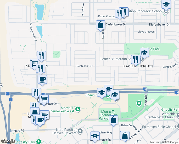 map of restaurants, bars, coffee shops, grocery stores, and more near 107 Michener Crescent in Saskatoon