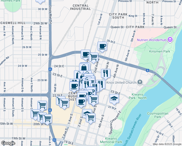 map of restaurants, bars, coffee shops, grocery stores, and more near in Saskatoon