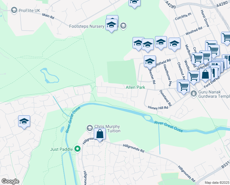 map of restaurants, bars, coffee shops, grocery stores, and more near Ranworth Walk in Bedford