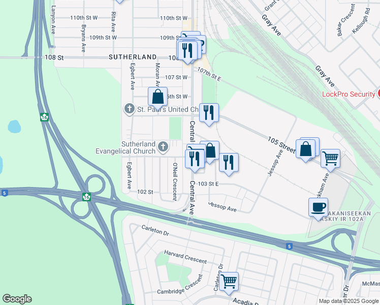 map of restaurants, bars, coffee shops, grocery stores, and more near 312 Central Avenue in Saskatoon
