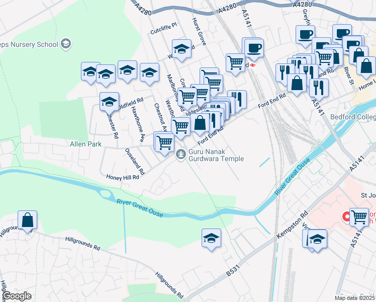 map of restaurants, bars, coffee shops, grocery stores, and more near Raleigh Street in Bedford