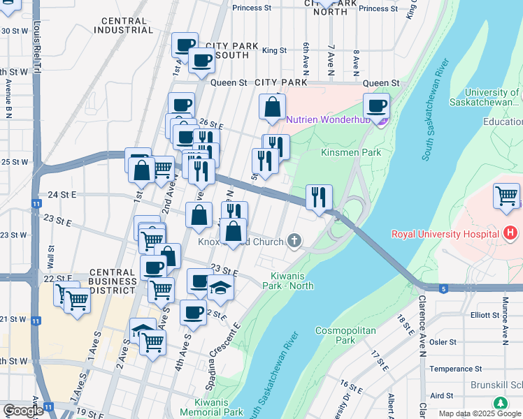 map of restaurants, bars, coffee shops, grocery stores, and more near 320 5th Avenue North in Saskatoon