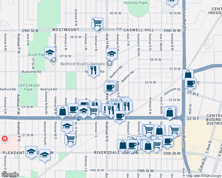 map of restaurants, bars, coffee shops, grocery stores, and more near 806 Bedford Road in Saskatoon