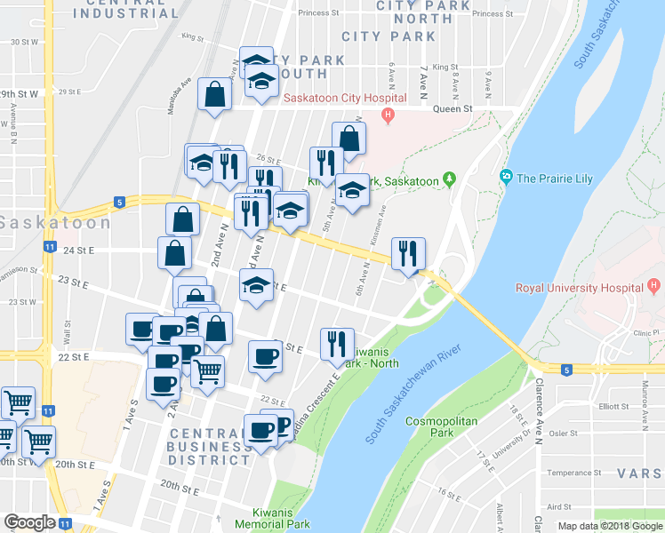 map of restaurants, bars, coffee shops, grocery stores, and more near 510 25 Street East in Saskatoon