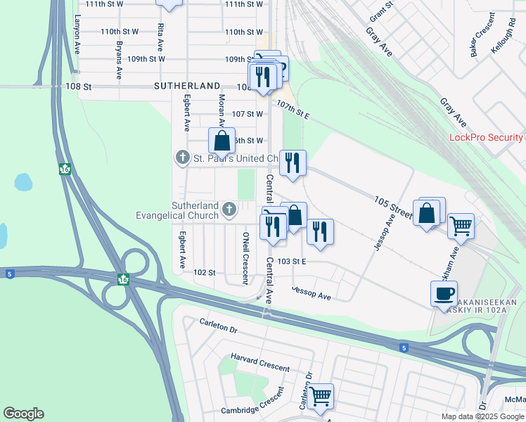 map of restaurants, bars, coffee shops, grocery stores, and more near 410 Central Avenue in Saskatoon