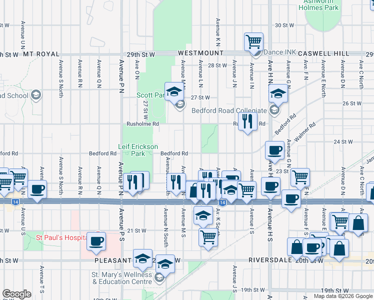 map of restaurants, bars, coffee shops, grocery stores, and more near 302 Avenue M North in Saskatoon