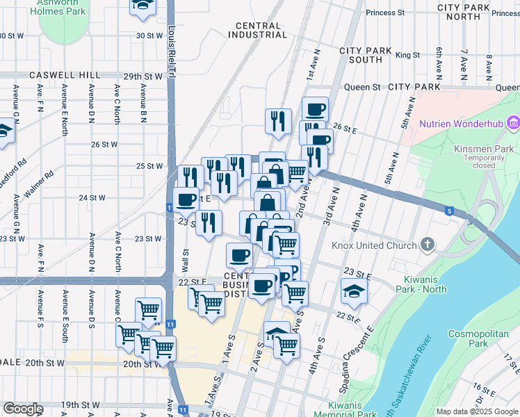 map of restaurants, bars, coffee shops, grocery stores, and more near 261 1st Avenue North in Saskatoon