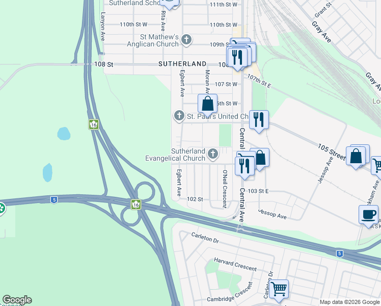 map of restaurants, bars, coffee shops, grocery stores, and more near 410 Gardiner Place in Saskatoon