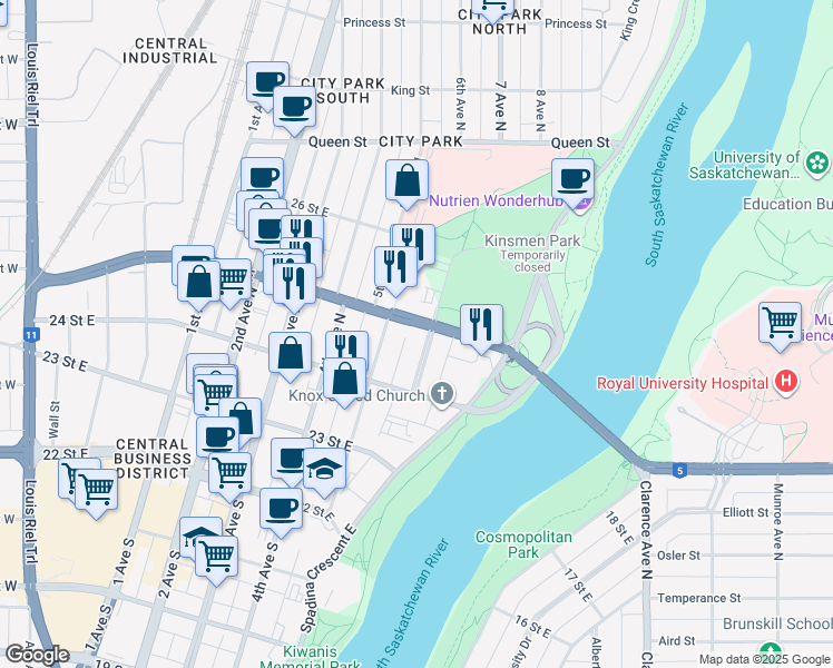 map of restaurants, bars, coffee shops, grocery stores, and more near 337 6th Avenue North in Saskatoon