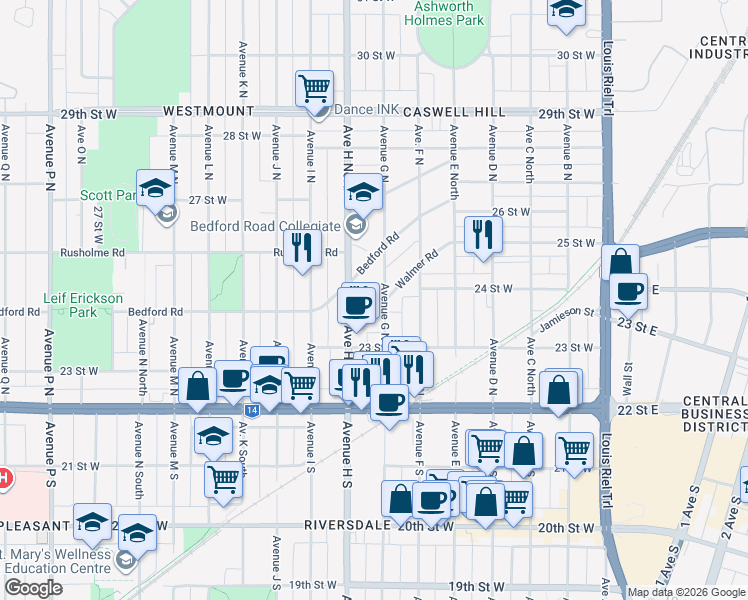 map of restaurants, bars, coffee shops, grocery stores, and more near 708 Walmer Road in Saskatoon