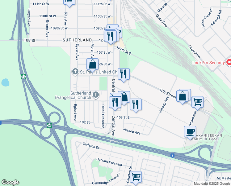 map of restaurants, bars, coffee shops, grocery stores, and more near 409 Central Avenue in Saskatoon