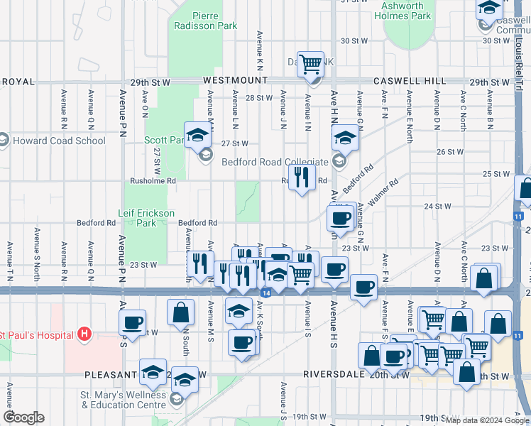 map of restaurants, bars, coffee shops, grocery stores, and more near 308 Avenue K North in Saskatoon