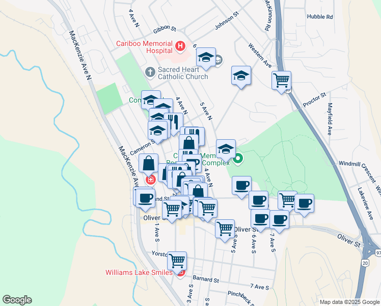 map of restaurants, bars, coffee shops, grocery stores, and more near 320 Proctor Street in Williams Lake