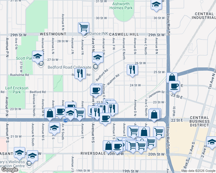 map of restaurants, bars, coffee shops, grocery stores, and more near 303 Avenue F North in Saskatoon
