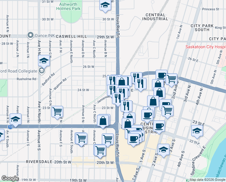 map of restaurants, bars, coffee shops, grocery stores, and more near 305 Idylwyld Drive North in Saskatoon