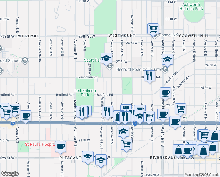 map of restaurants, bars, coffee shops, grocery stores, and more near 315 Avenue M North in Saskatoon