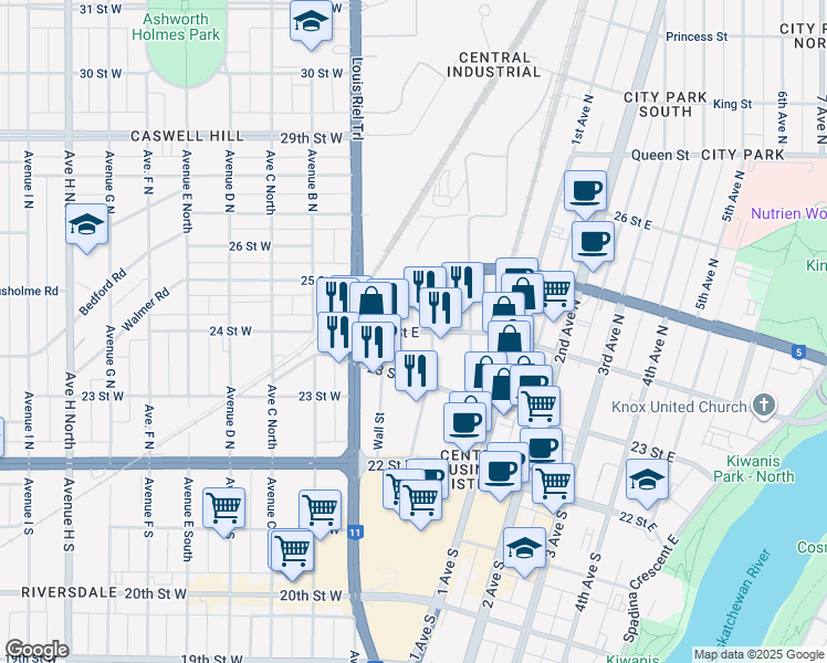 map of restaurants, bars, coffee shops, grocery stores, and more near 24 Street East in Saskatoon