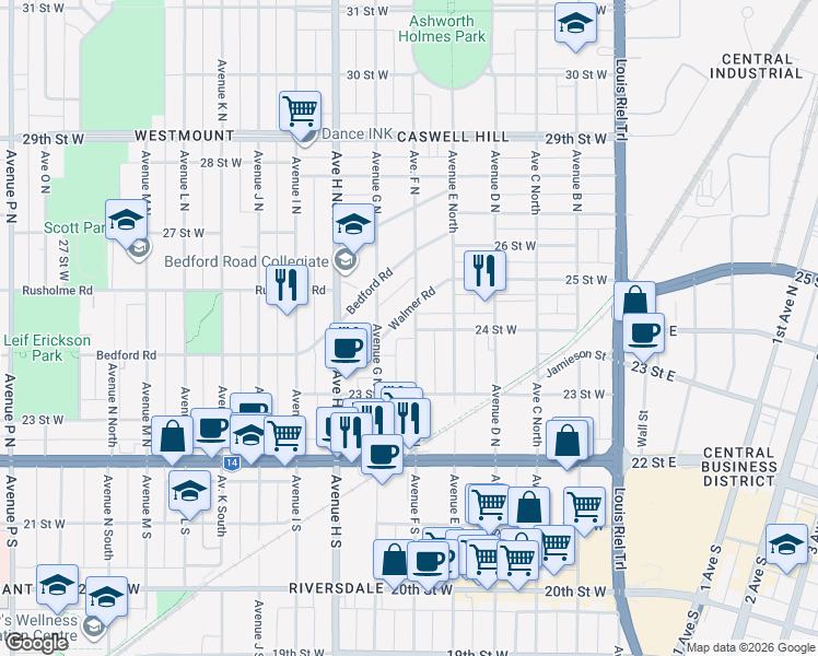 map of restaurants, bars, coffee shops, grocery stores, and more near 303 Avenue F North in Saskatoon