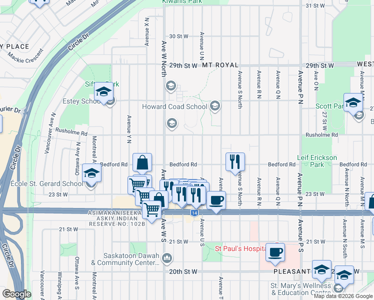 map of restaurants, bars, coffee shops, grocery stores, and more near 320 Avenue V North in Saskatoon