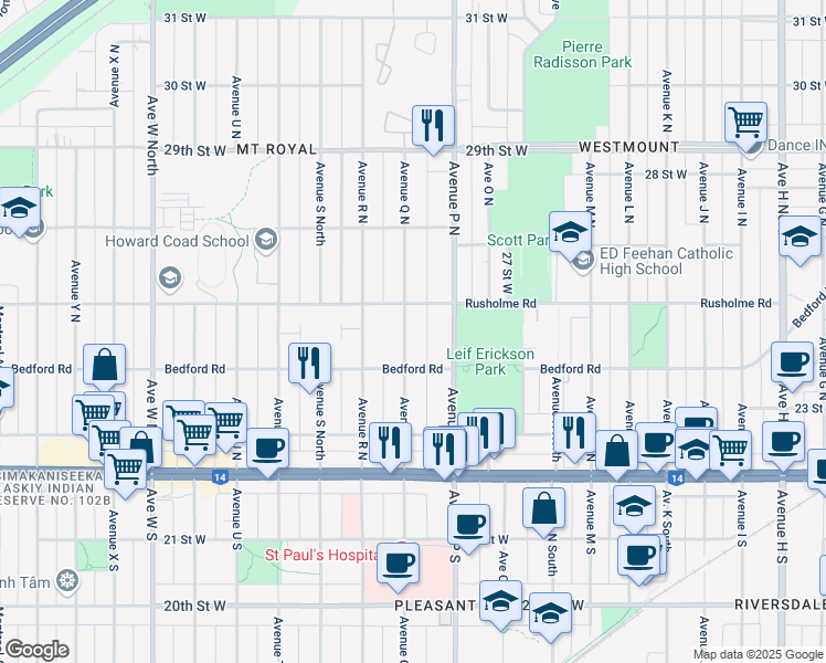 map of restaurants, bars, coffee shops, grocery stores, and more near 322 Avenue Q North in Saskatoon
