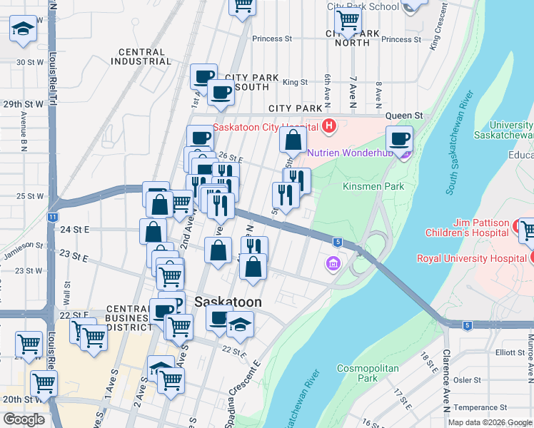 map of restaurants, bars, coffee shops, grocery stores, and more near in Saskatoon