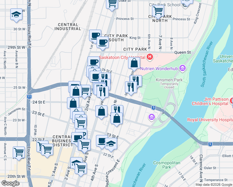 map of restaurants, bars, coffee shops, grocery stores, and more near 400 4 Avenue North in Saskatoon