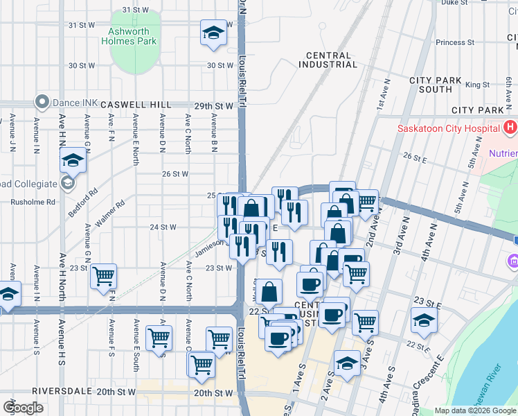 map of restaurants, bars, coffee shops, grocery stores, and more near 310 Louis Riel Trail in Saskatoon