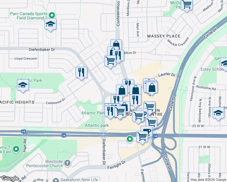 map of restaurants, bars, coffee shops, grocery stores, and more near 3170 Laurier Drive in Saskatoon