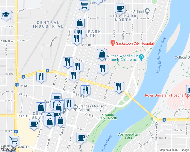 map of restaurants, bars, coffee shops, grocery stores, and more near in Saskatoon