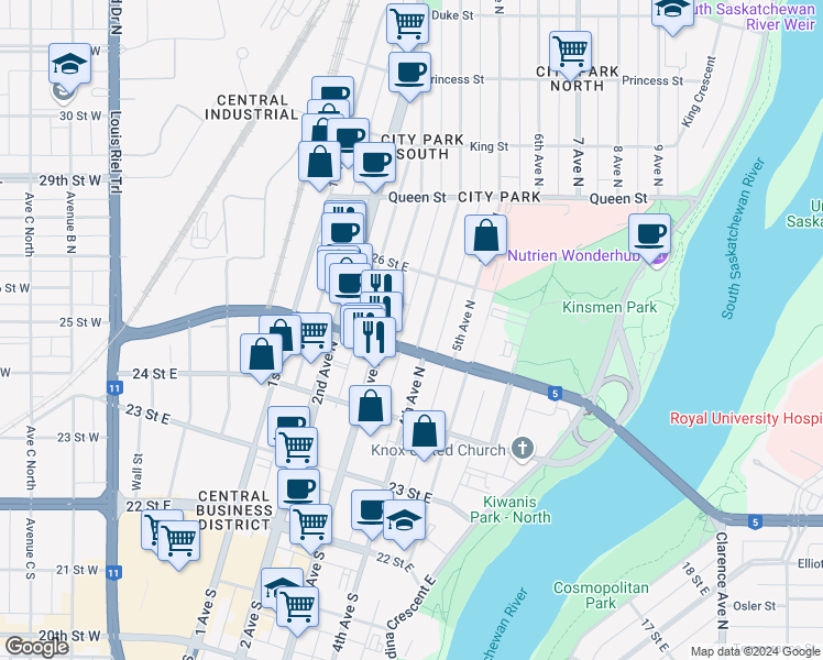 map of restaurants, bars, coffee shops, grocery stores, and more near 409 4th Avenue North in Saskatoon