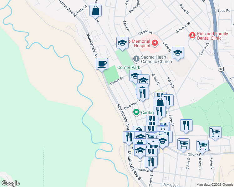 map of restaurants, bars, coffee shops, grocery stores, and more near 360 B Mackenzie Avenue North in Williams Lake