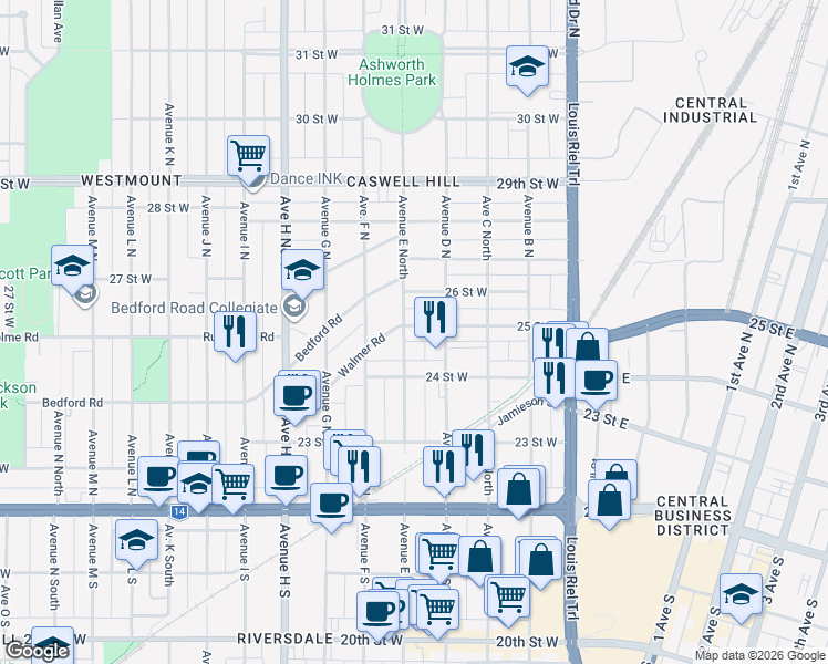 map of restaurants, bars, coffee shops, grocery stores, and more near 419 25 Street West in Saskatoon