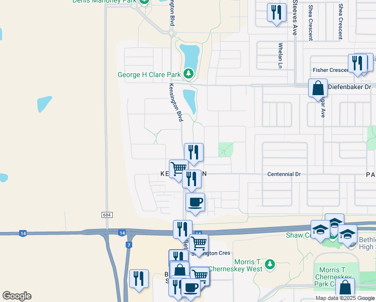 map of restaurants, bars, coffee shops, grocery stores, and more near 402 Kensington Boulevard in Saskatoon