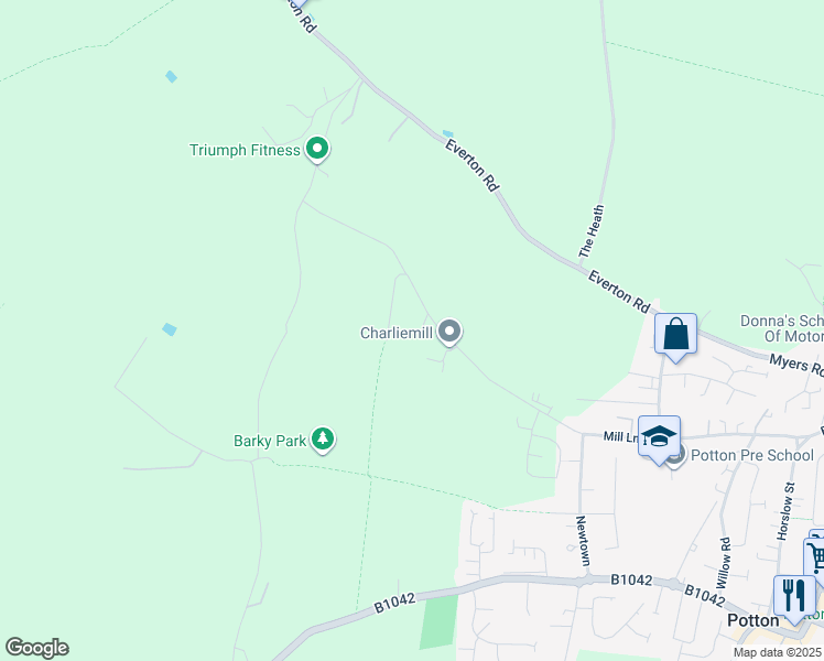 map of restaurants, bars, coffee shops, grocery stores, and more near Everton Road in Potton