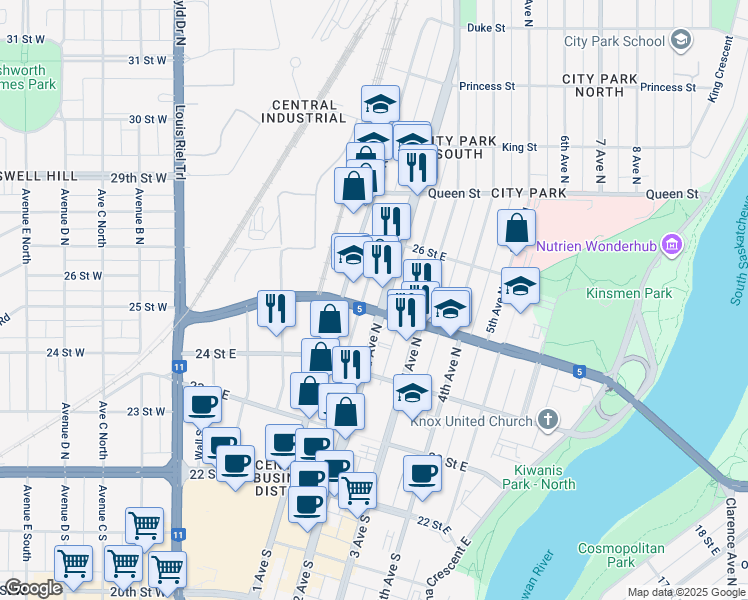 map of restaurants, bars, coffee shops, grocery stores, and more near 411 B 2nd Avenue North in Saskatoon