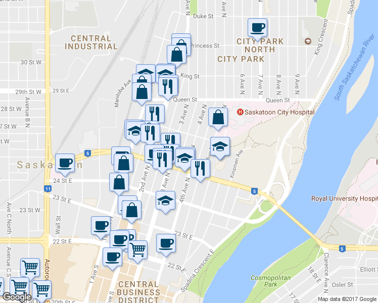 map of restaurants, bars, coffee shops, grocery stores, and more near in Saskatoon